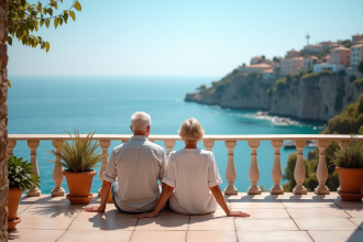 Couple senior détendu sur une terrasse face à la mer