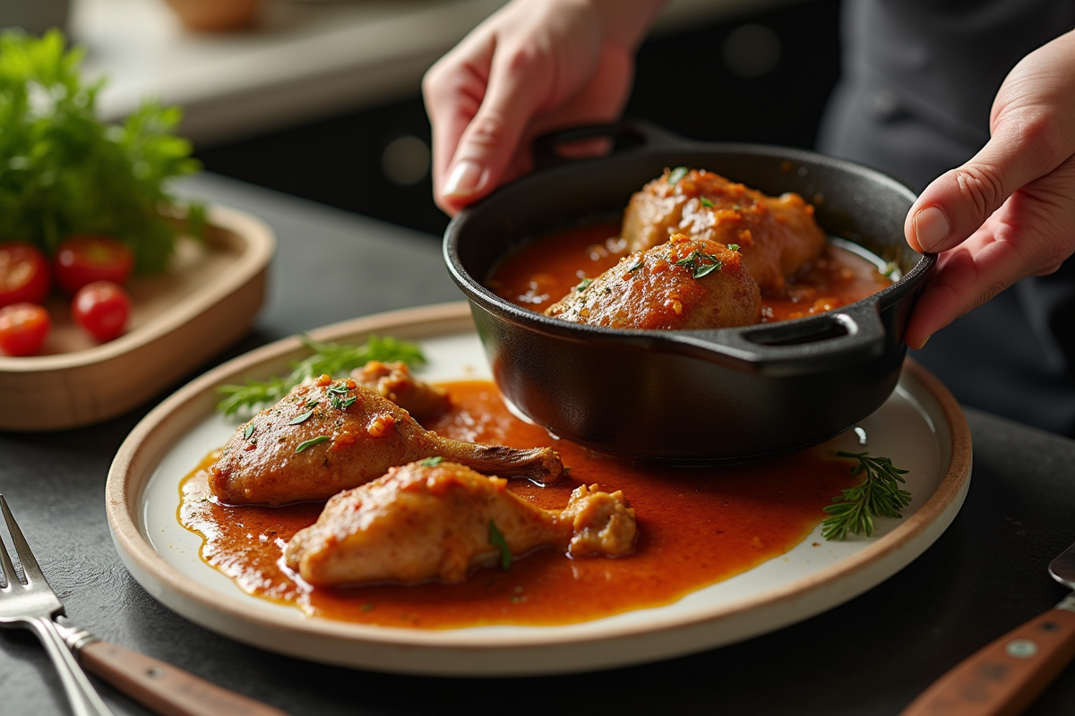 Cuisinier servant des morceaux de lapin dans une sauce dans une casserole en fonte