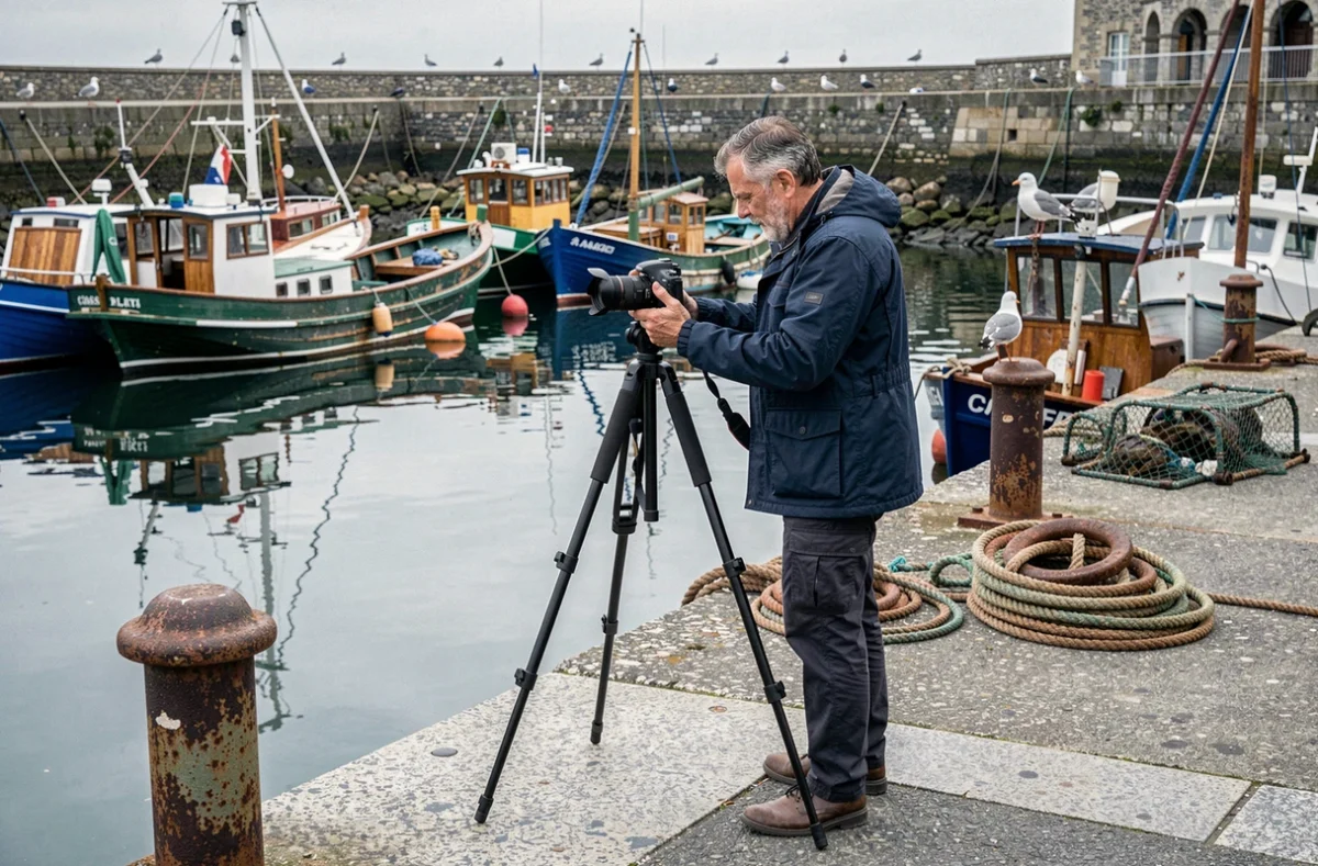 David Cherel, photographe, réglant son appareil sur trépied devant un port de pêche breton avec des bateaux colorés amarrés