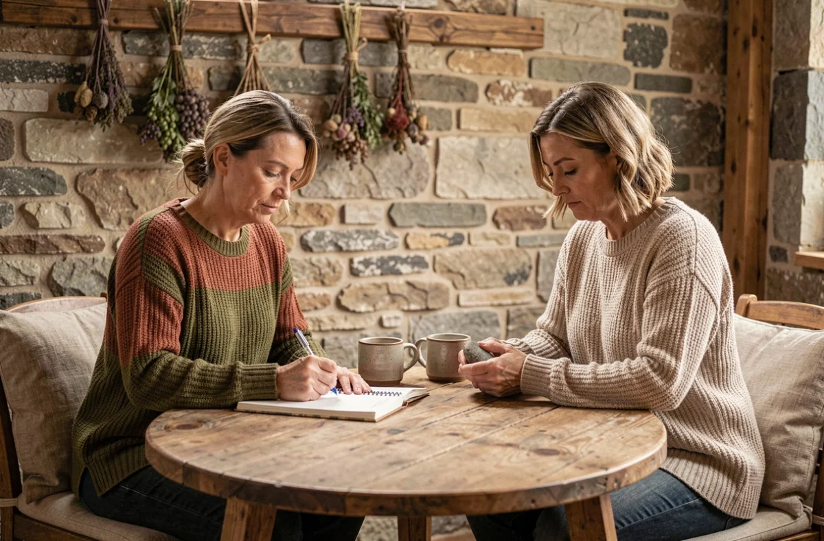 Deux femmes assises face à face pratiquant des exercices d'écriture et de pleine conscience pour apaiser un lien karmique fort dans un espace cosy et naturel