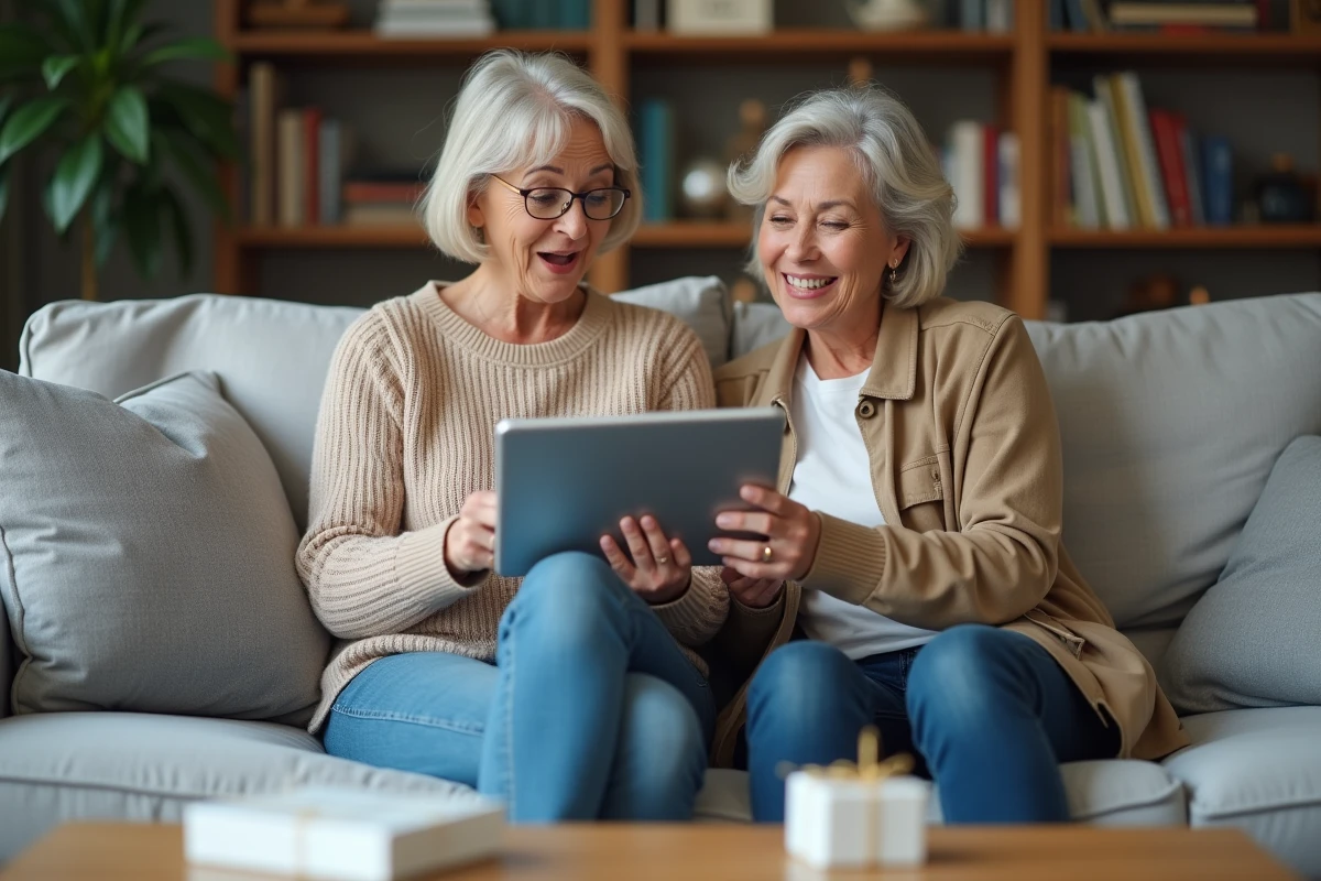 Deux femmes amusées regardant ensemble un gif humoristique d'anniversaire sur une tablette dans un salon moderne