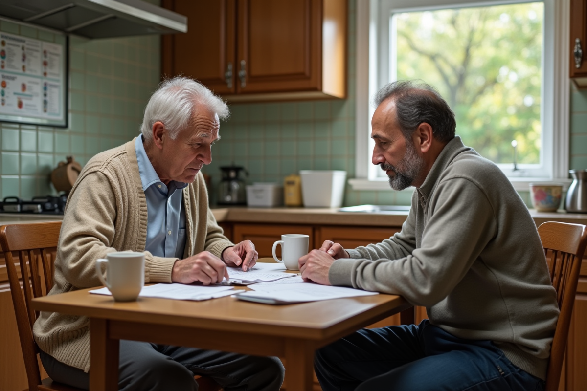 Homme âgé discutant avec un jeune dans une cuisine vintage