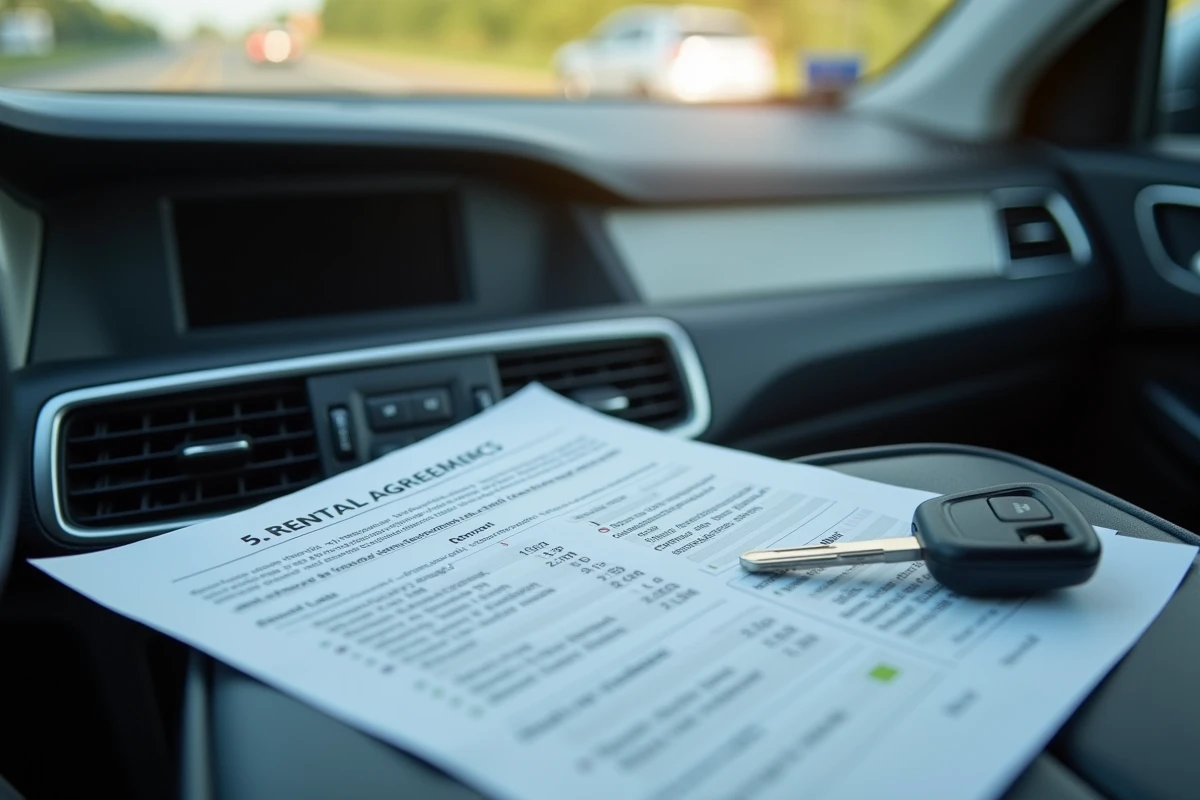 Documents de location de voiture avec tableau de conversion de vitesse km/h et mph sur la console centrale