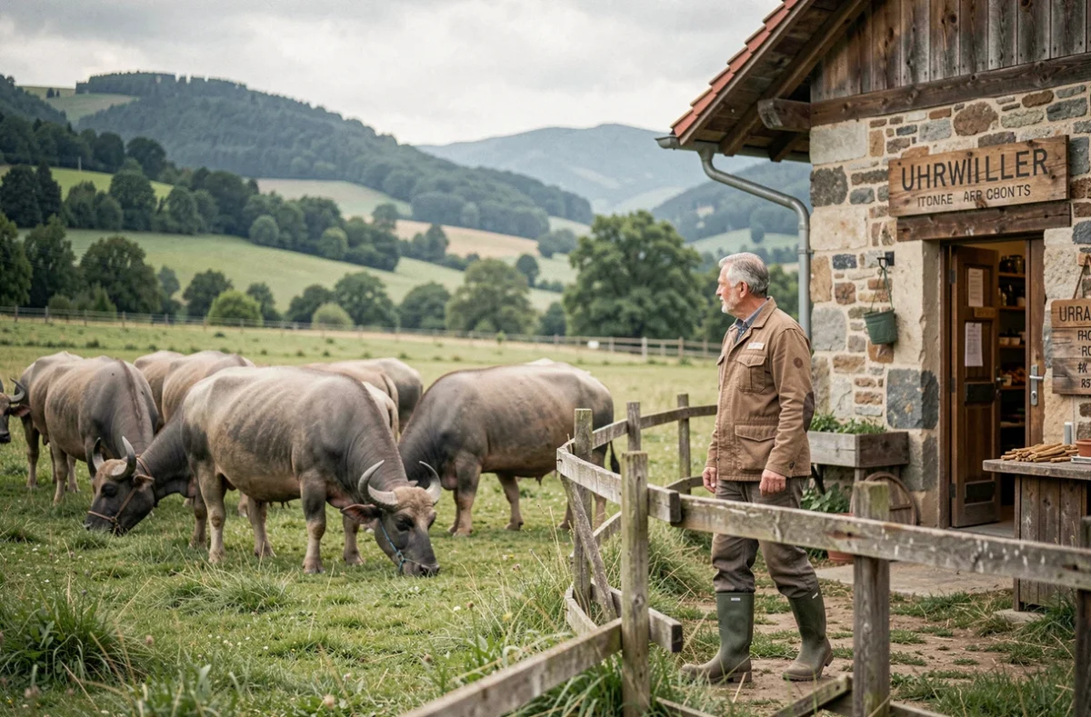 Bufflonnes au pâturage au Domaine des Bufflonnes à Uhrwiller avec fermier et ferme en arrière-plan