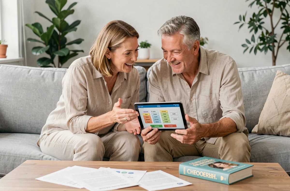 Deux adultes jouant ensemble à Pedantix sur une tablette dans un salon moderne, ambiance conviviale et studieuse