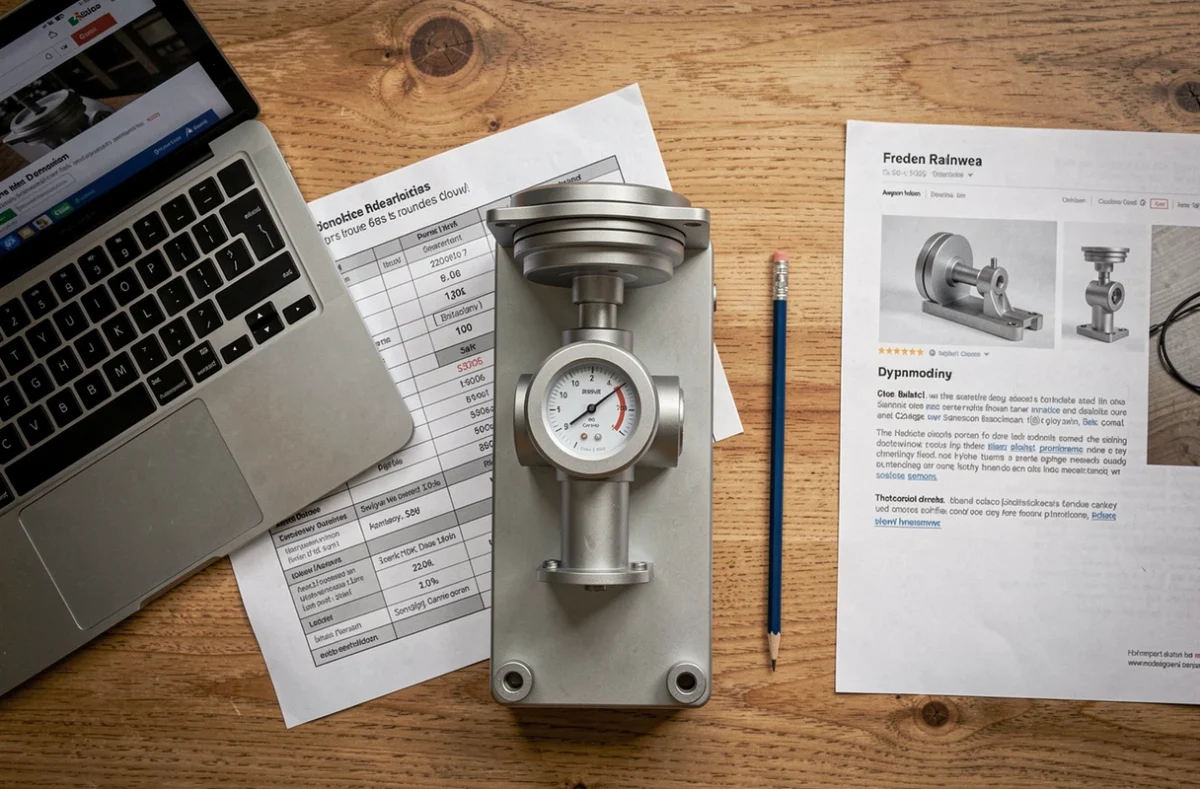 Vue de dessus d'un dynamomètre numérique posé sur un bureau avec des documents de comparaison pour un premier achat en ligne