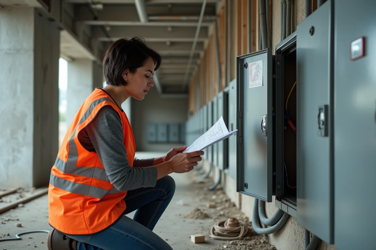 Électricienne consultant un schéma de câblage devant un coffret électrique industriel sur un chantier de construction