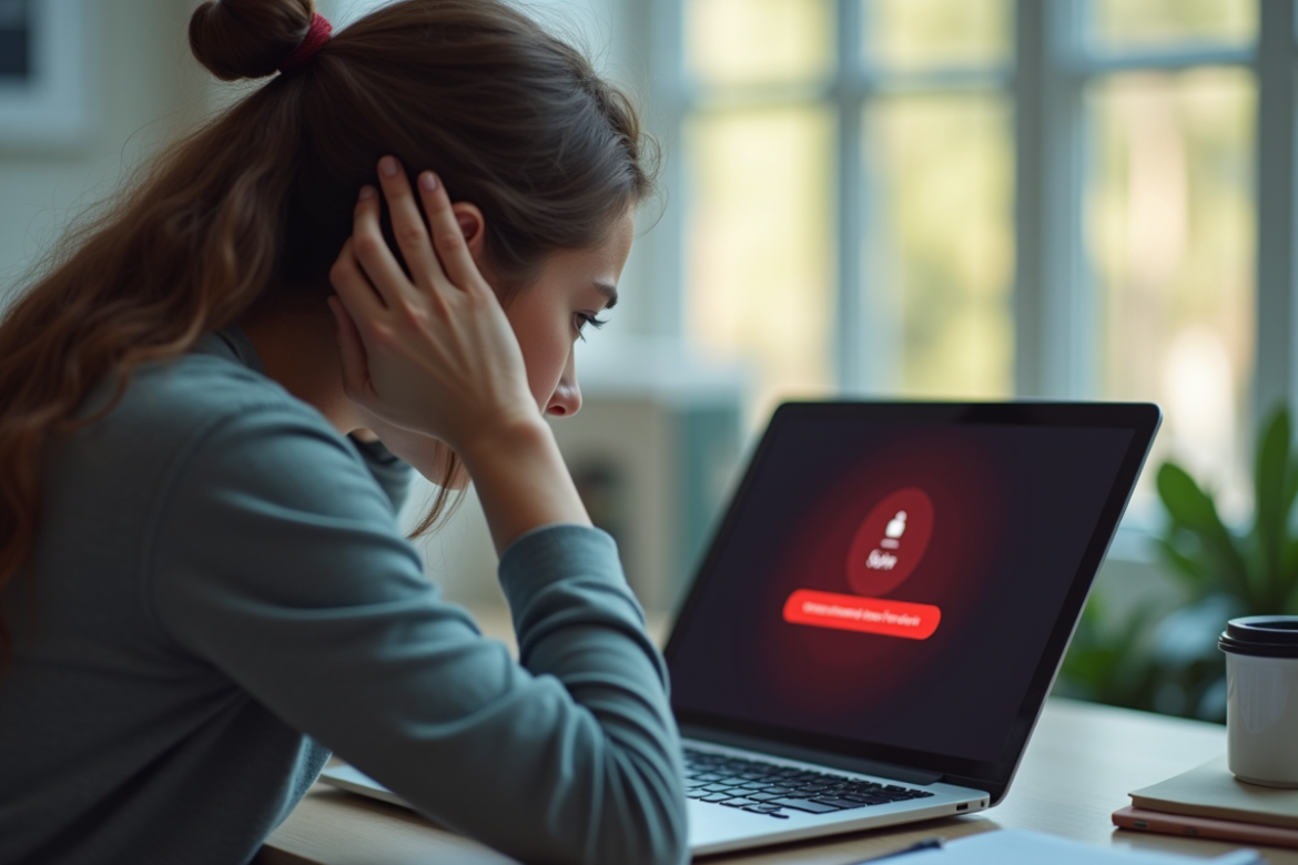 Etudiant frustré devant un ordinateur avec erreur de connexion