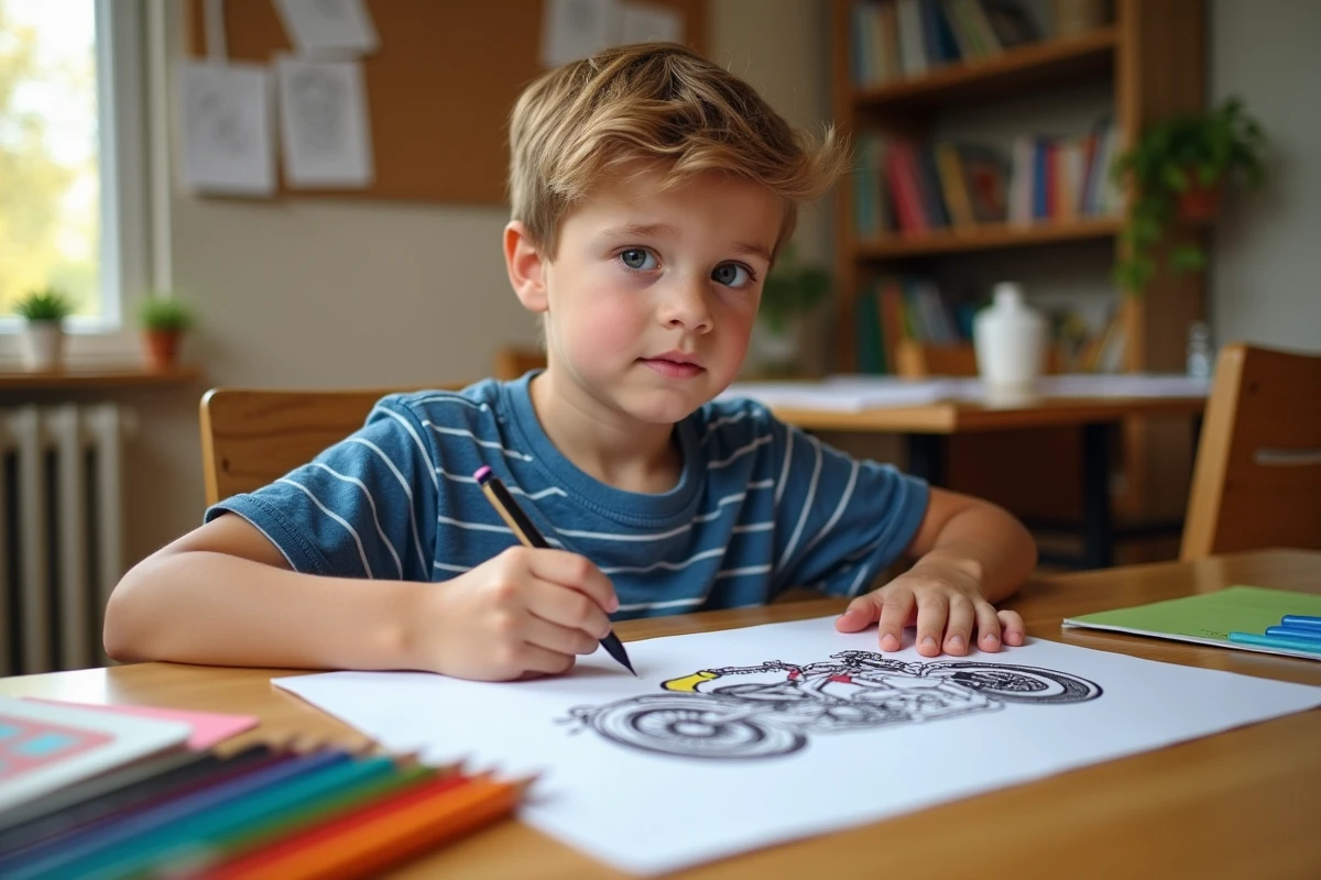 Enfant coloriant un dessin de moto imprimé sur papier avec des crayons de couleur à son bureau