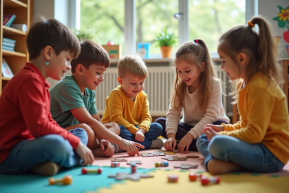 Enfants d'école primaire aidant un puzzle en classe