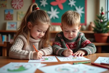 Deux enfants coloriant des dessins de Noël dans une classe chaleureuse