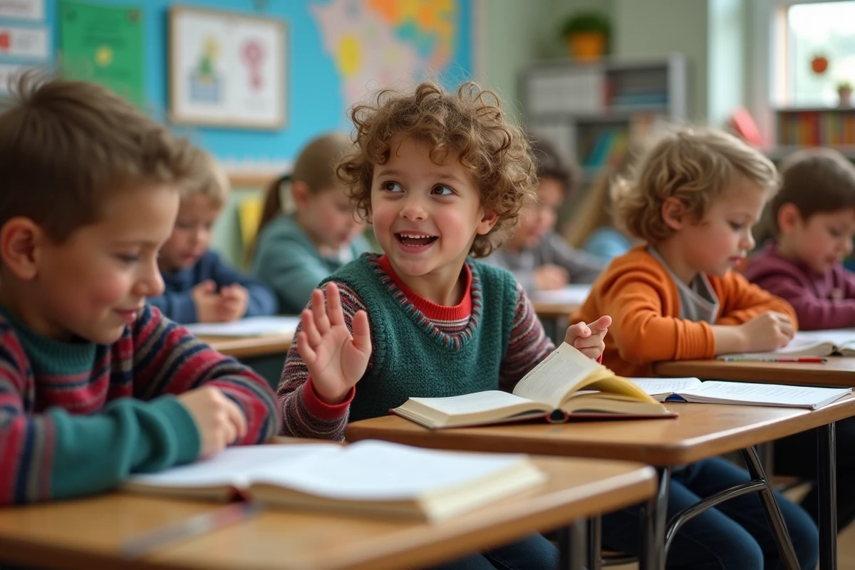 Groupe d'enfants en classe primaire récitant un poème