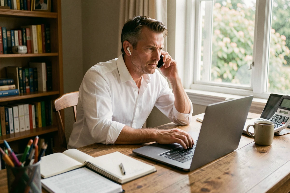 Entrepreneur en télétravail consultant ses messages vocaux Free sur ordinateur et oreillettes depuis son bureau à domicile