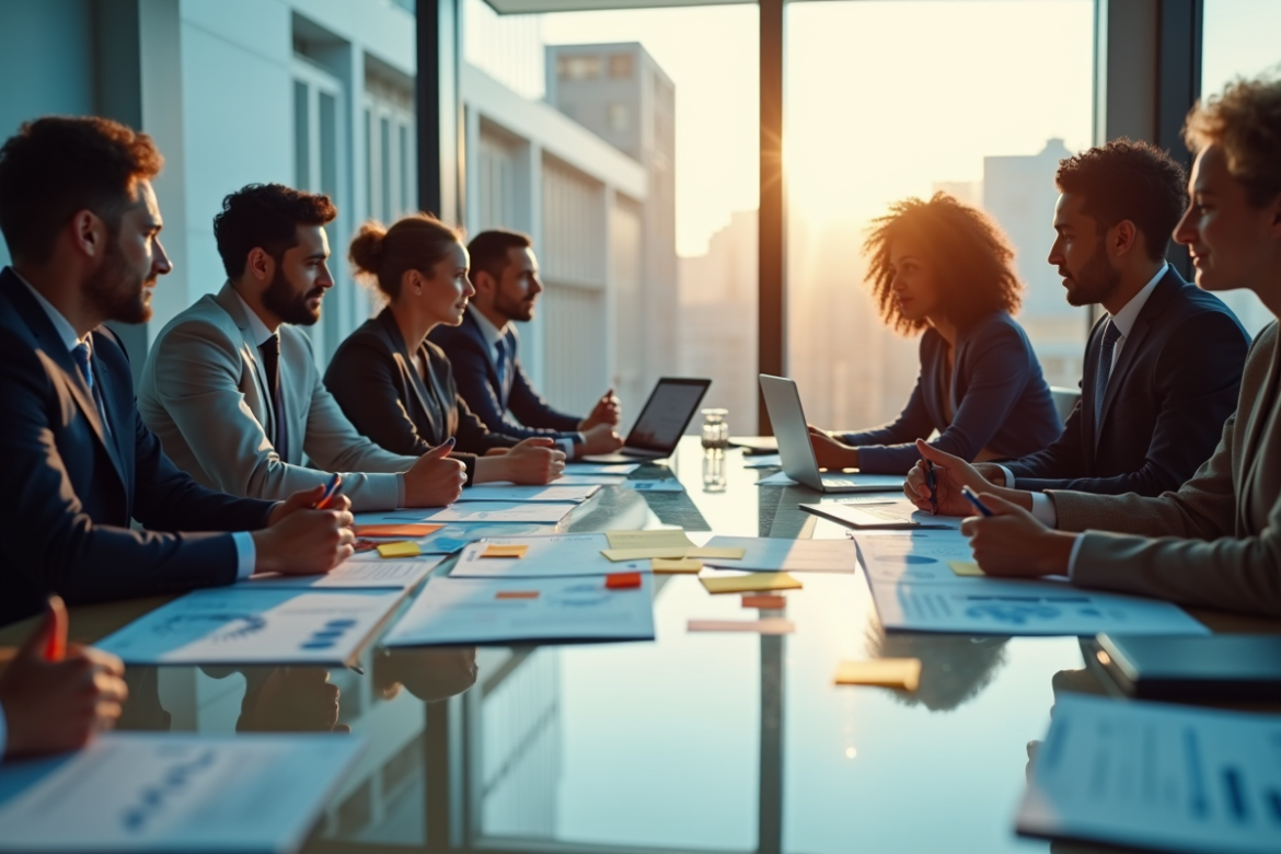 Équipe diversifiée en brainstorming dans un bureau moderne