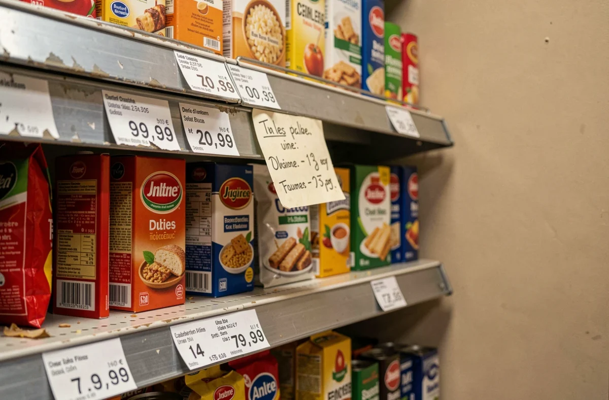 Étiquettes de prix sur les rayons d'un supermarché discount dans le 20e arrondissement de Paris