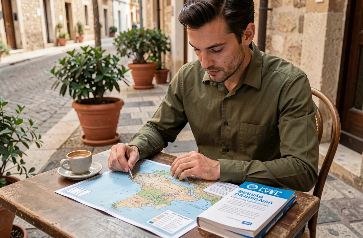 Homme étudiant une carte de l'Amérique latine et des niveaux de langue espagnole en terrasse de café