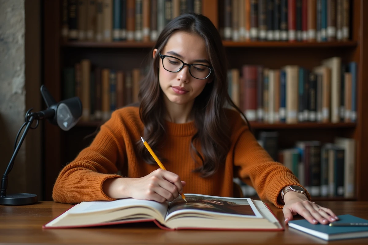 Étudiante en histoire de l'art consultant un manuel académique ouvert sur le tableau American Progress de John Gast dans une bibliothèque universitaire