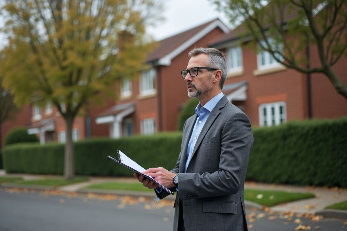Agent immobilier évaluant une maison dans un quartier résidentiel
