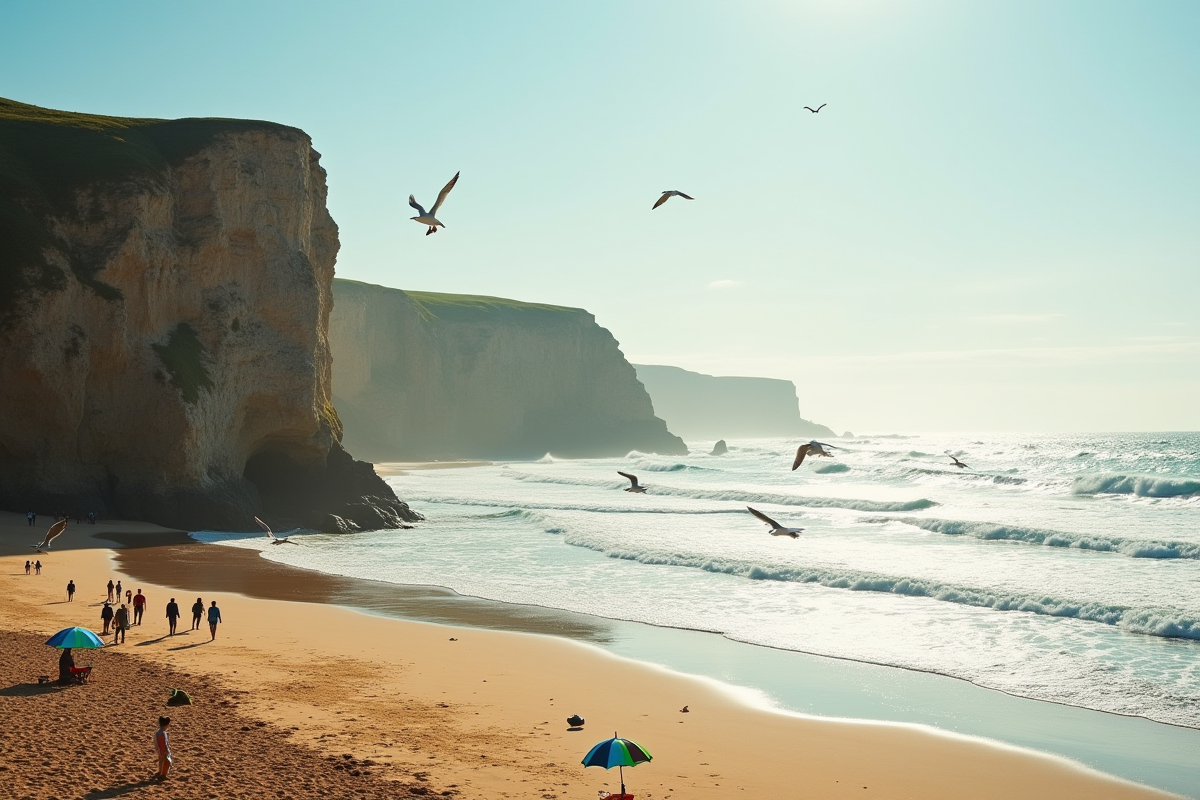 Falaises dramatiques et plage dorée en Bretagne avec vagues sauvages