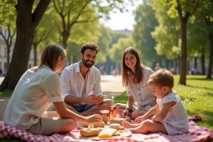 Famille française en pique-nique dans un parc pendant un jour férié en France