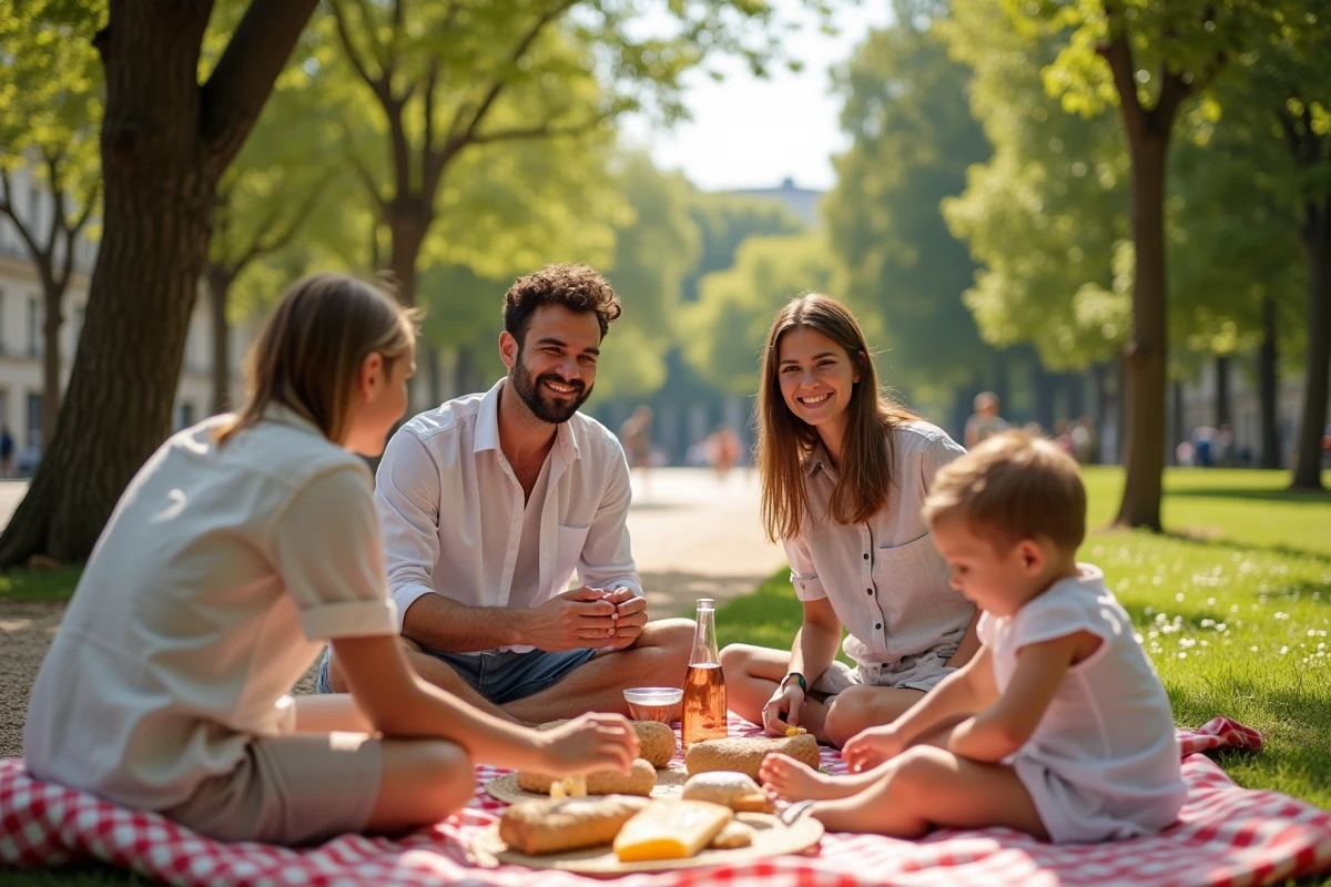 Famille française en pique-nique dans un parc pendant un jour férié en France