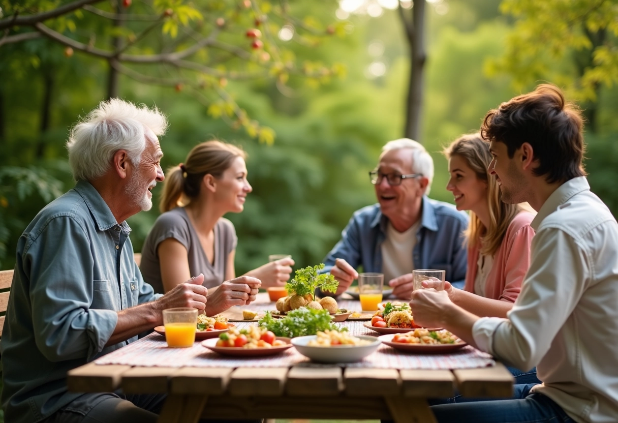 Famille multigeneration partageant un pique-nique dans le jardin