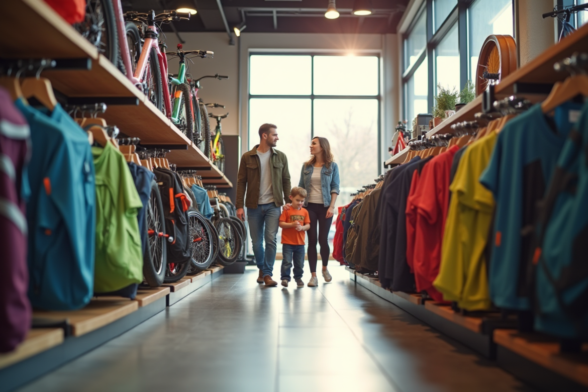 Famille heureuse achetant des équipements sportifs dans un magasin Intersport
