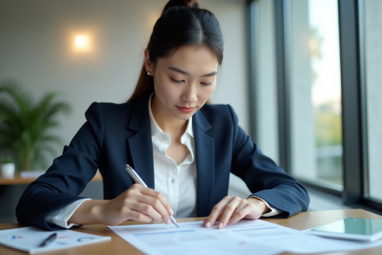 Jeune femme d'affaires analysant un document financier
