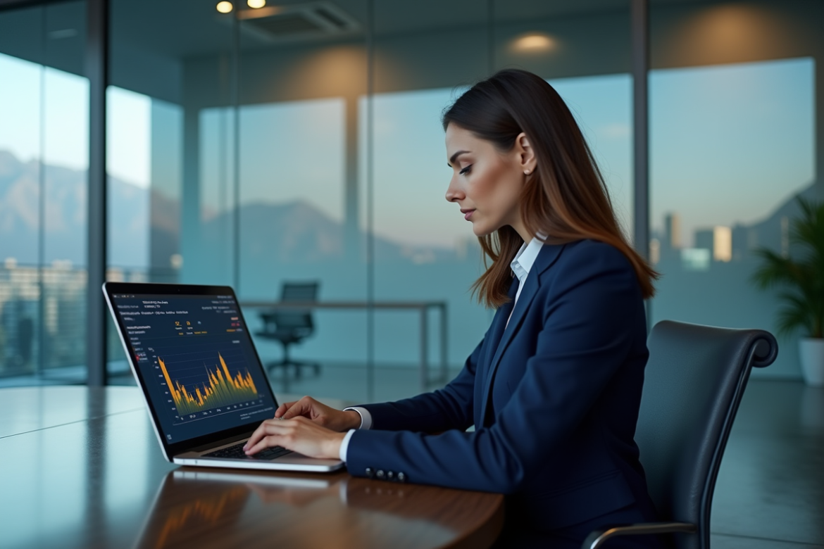 Femme d'affaires regardant des données blockchain sur un laptop