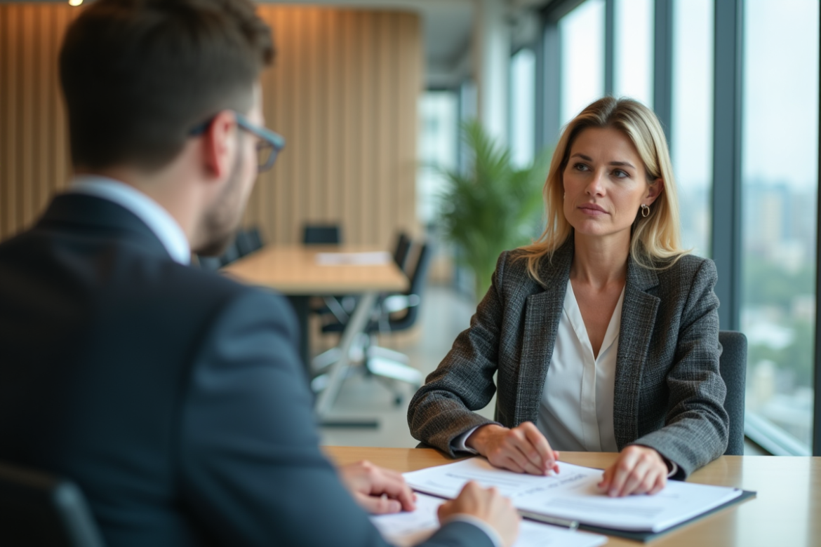 Femme d'affaires en réunion immobiliere dans un bureau moderne