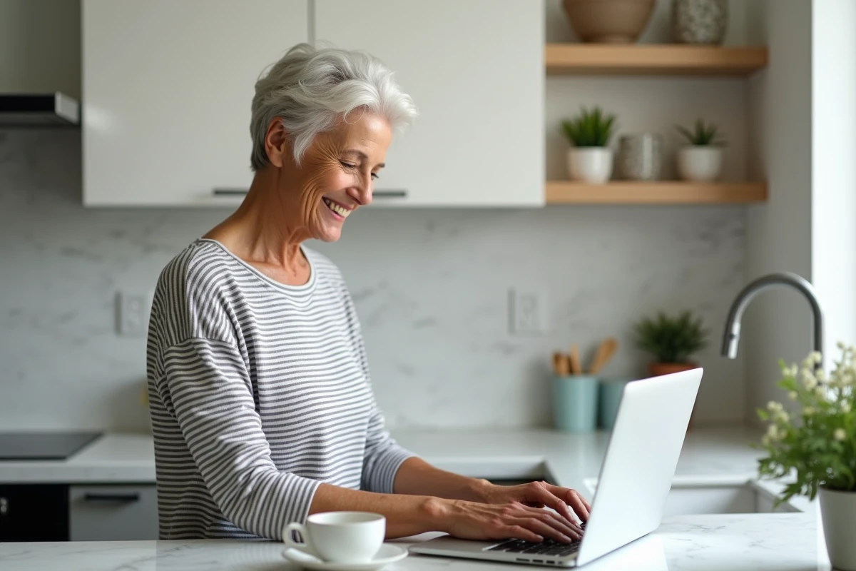 Femme souriante devant son ordinateur portable qui affiche un gif d'anniversaire humoristique dans une cuisine moderne