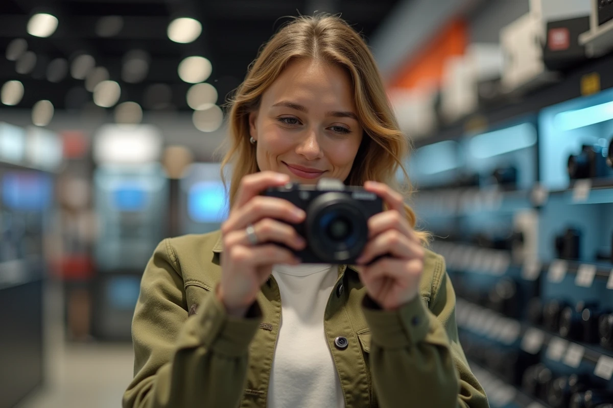 Femme tenant un appareil photo compact dans un magasin d'électronique, comparatif appareils photo 2026