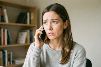 Femme perplexe tenant un smartphone à l'oreille lors d'un appel téléphonique, illustrant le message 'audiodisplayed' affiché sur l'écran