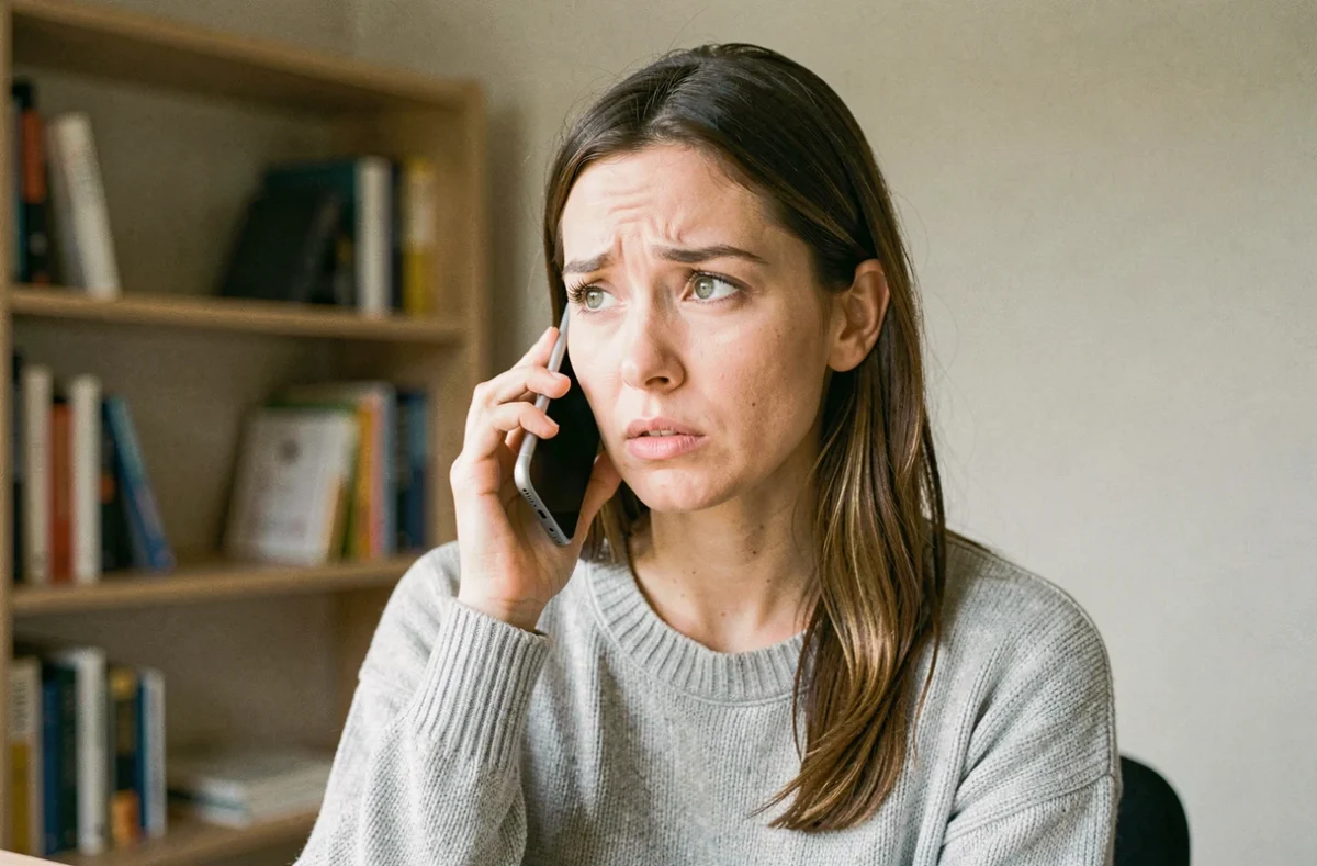 Femme perplexe tenant un smartphone à l'oreille lors d'un appel téléphonique, illustrant le message 'audiodisplayed' affiché sur l'écran