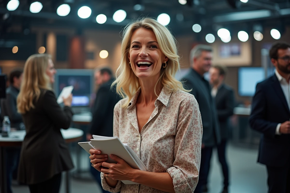 Femme blonde en coulisses dans un studio télé animé