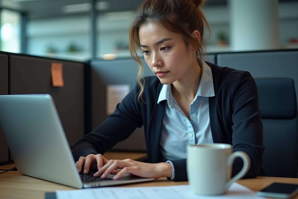 Femme concentrée travaillant sur son ordinateur dans un bureau moderne