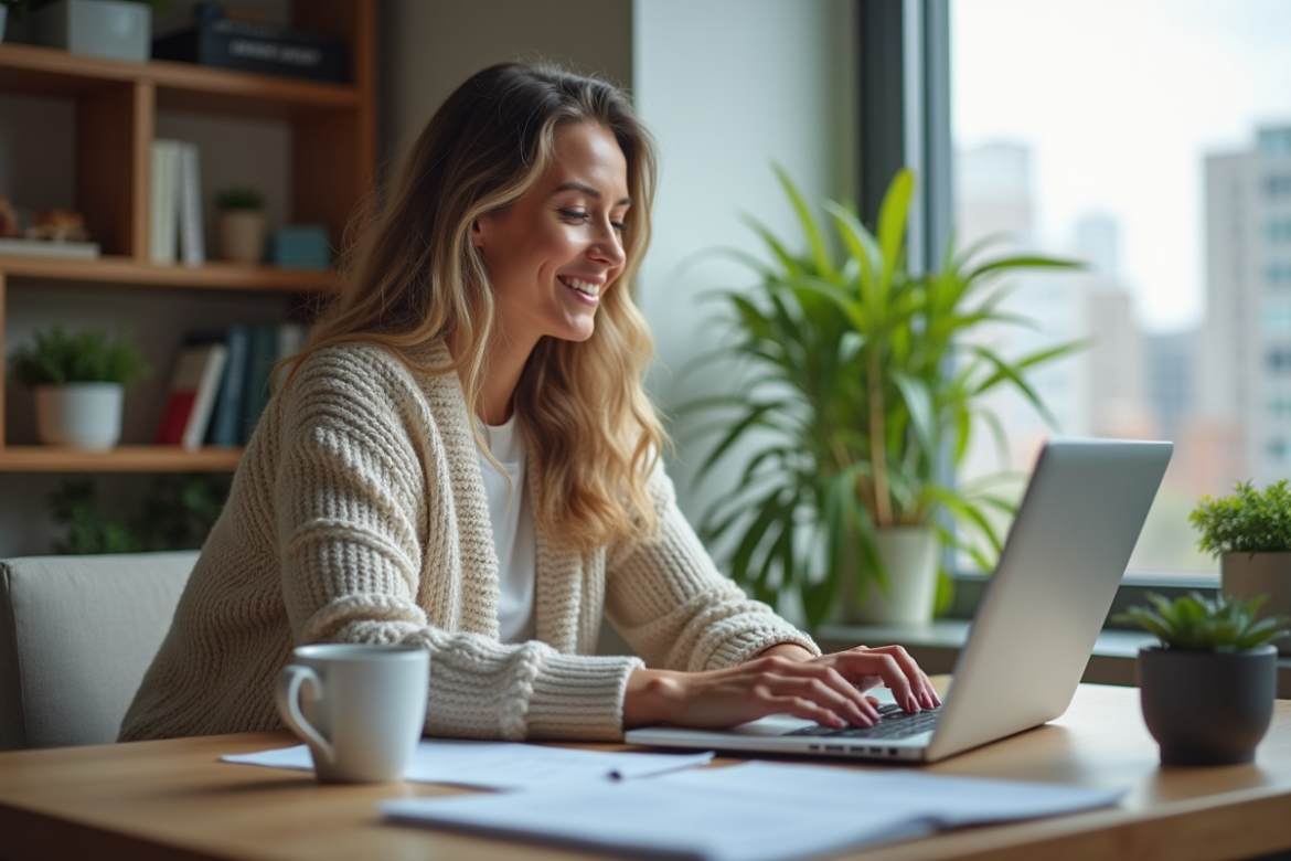 Femme travaillant à son bureau à domicile dans un salon lumineux