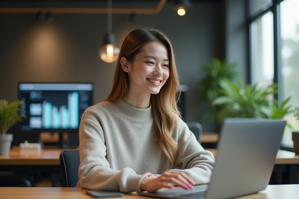 Jeune femme au bureau utilisant un ordinateur portable