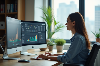 Femme en télétravail dans un bureau moderne et lumineux
