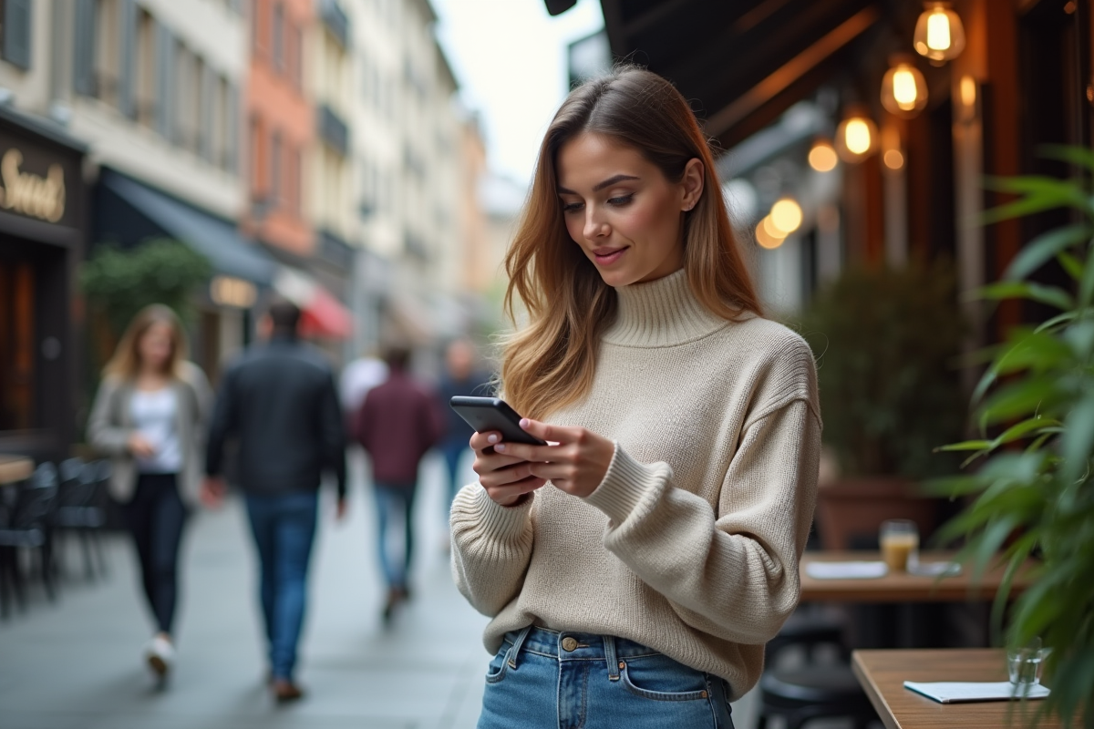 Femme vérifiant son portefeuille crypto au café en ville