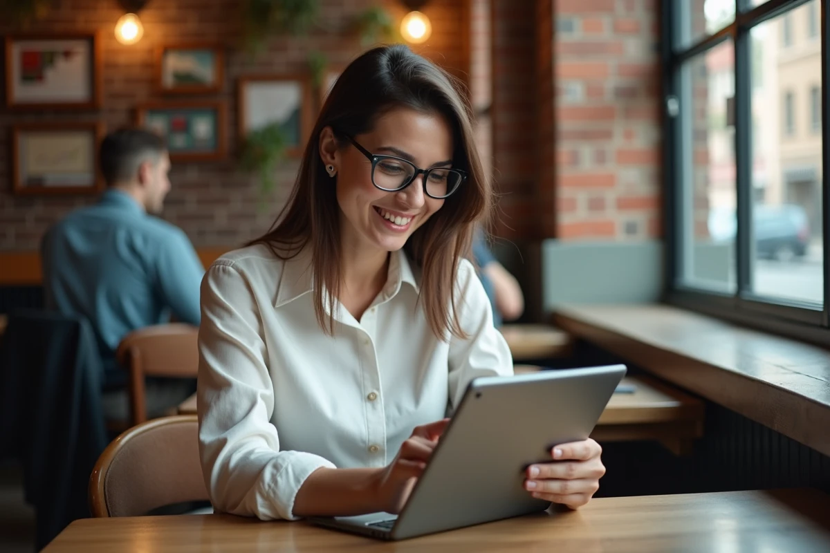 Jeune femme au café analysant des graphiques sur tablette