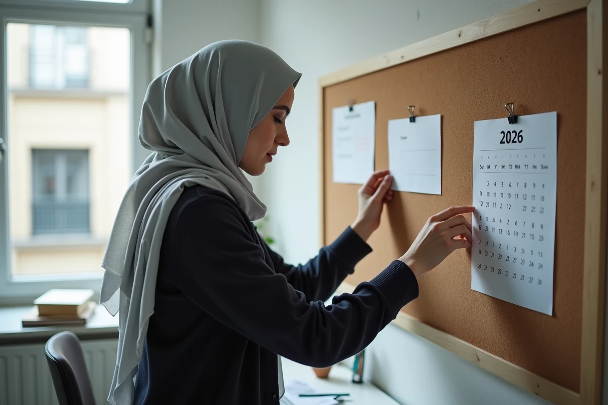 Femme affichant un calendrier mensuel des horaires de prières 2026 sur un tableau liège dans un bureau à domicile