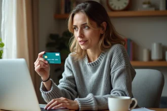 Femme tenant une carte illicado devant un ordinateur portable avec une expression interrogative, illustrant un problème de solde insuffisant sur Amazon