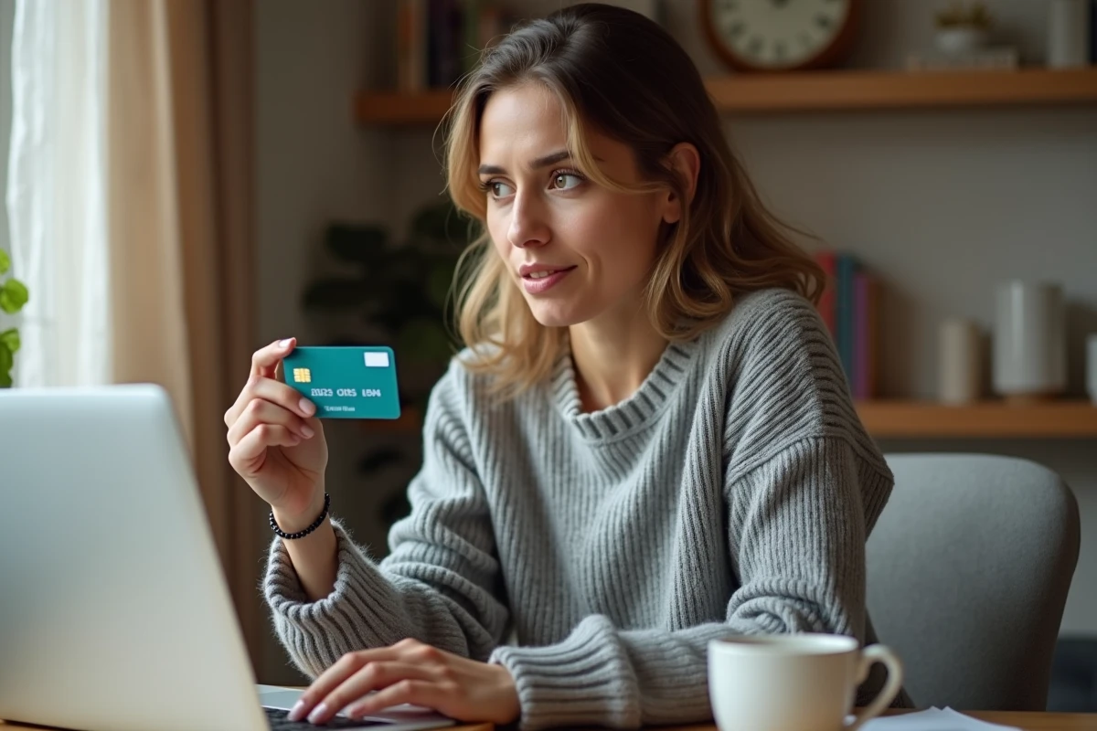 Femme tenant une carte illicado devant un ordinateur portable avec une expression interrogative, illustrant un problème de solde insuffisant sur Amazon