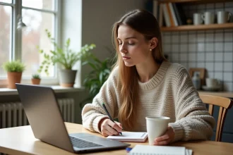Jeune femme en cuisine moderne avec ordinateur et notes