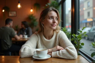 Femme célibataire pensive dans un café regardant par la fenêtre sous la pluie, symbolisant l'introspection et l'attente d'une rencontre amoureuse