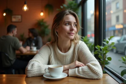 Femme célibataire pensive dans un café regardant par la fenêtre sous la pluie, symbolisant l'introspection et l'attente d'une rencontre amoureuse