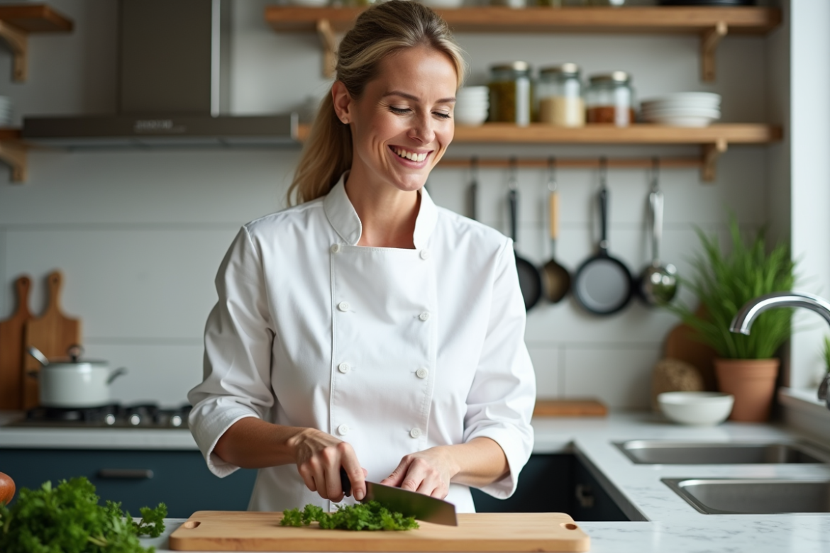Femme chef souriante coupe des herbes fraîches dans une cuisine moderne