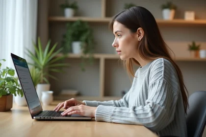 Femme utilisant un compteur d'emots intégré au navigateur sur son ordinateur portable dans un bureau à domicile moderne