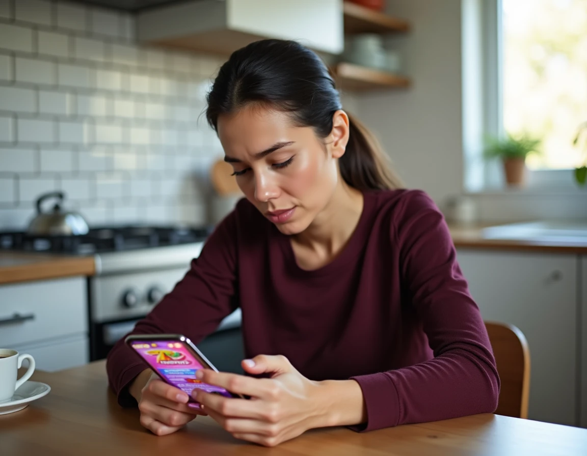 Femme consultant les conditions cachées d'un club de récompenses sur son smartphone avec une expression perplexe